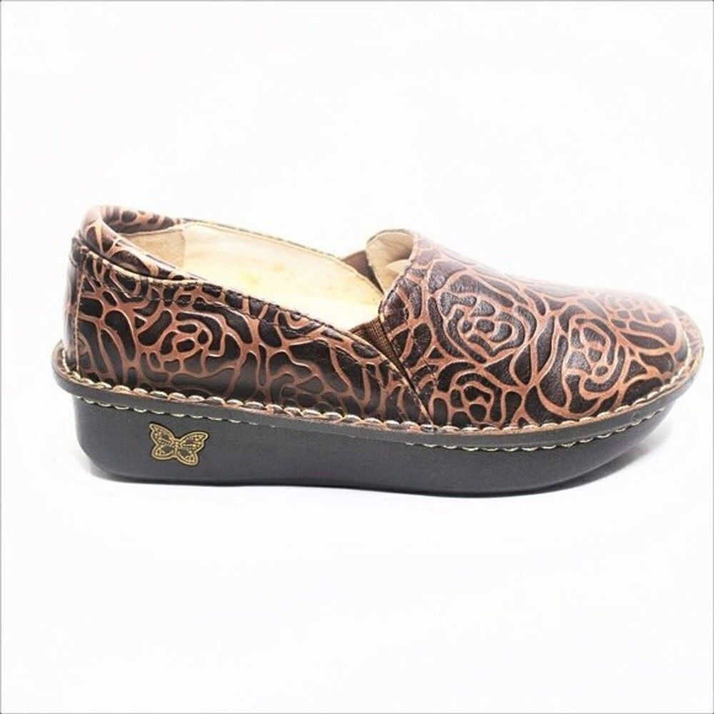 Leather Clogs Embossed Floral Professional Nurse Shoes Brown Women's Size 5.5